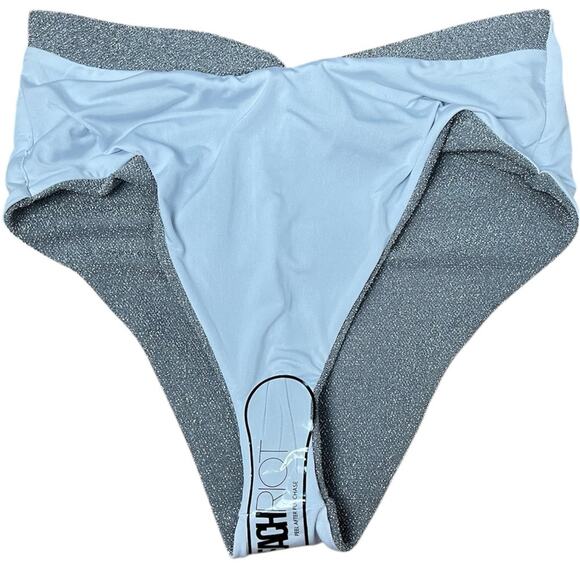 New Beach Riot Zuri Silver Glitter High Waist Twist Bikini Bottom - Picture 7 of 8